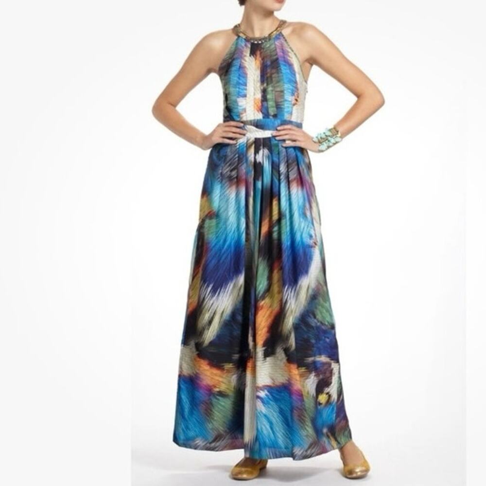 Womens Anthropologie RANNA GILL Blue Gold Beaded TROPICALIA DRESS Size M EUC!